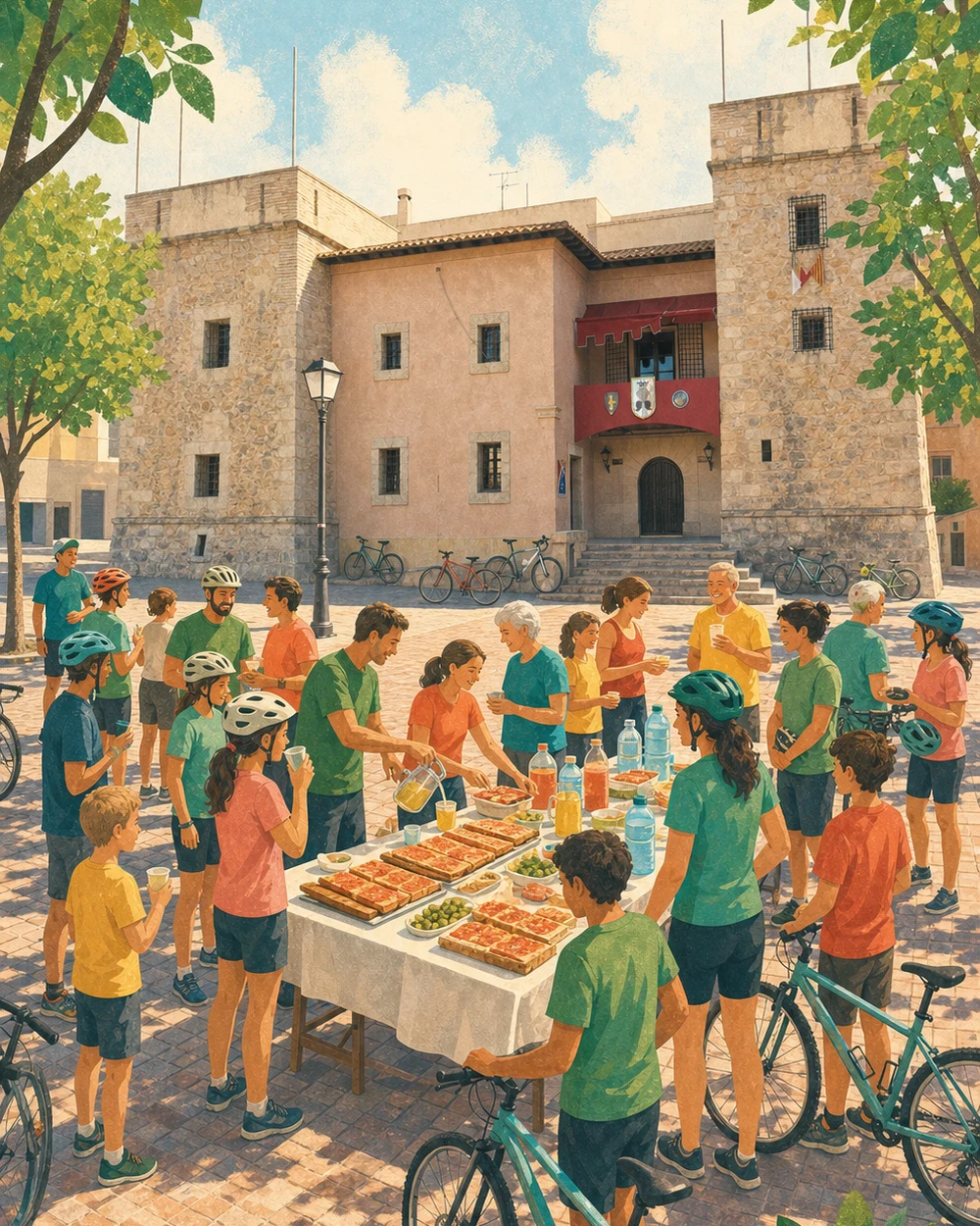 Il·lustració de participants compartint un esmorzar saludable després de la volta