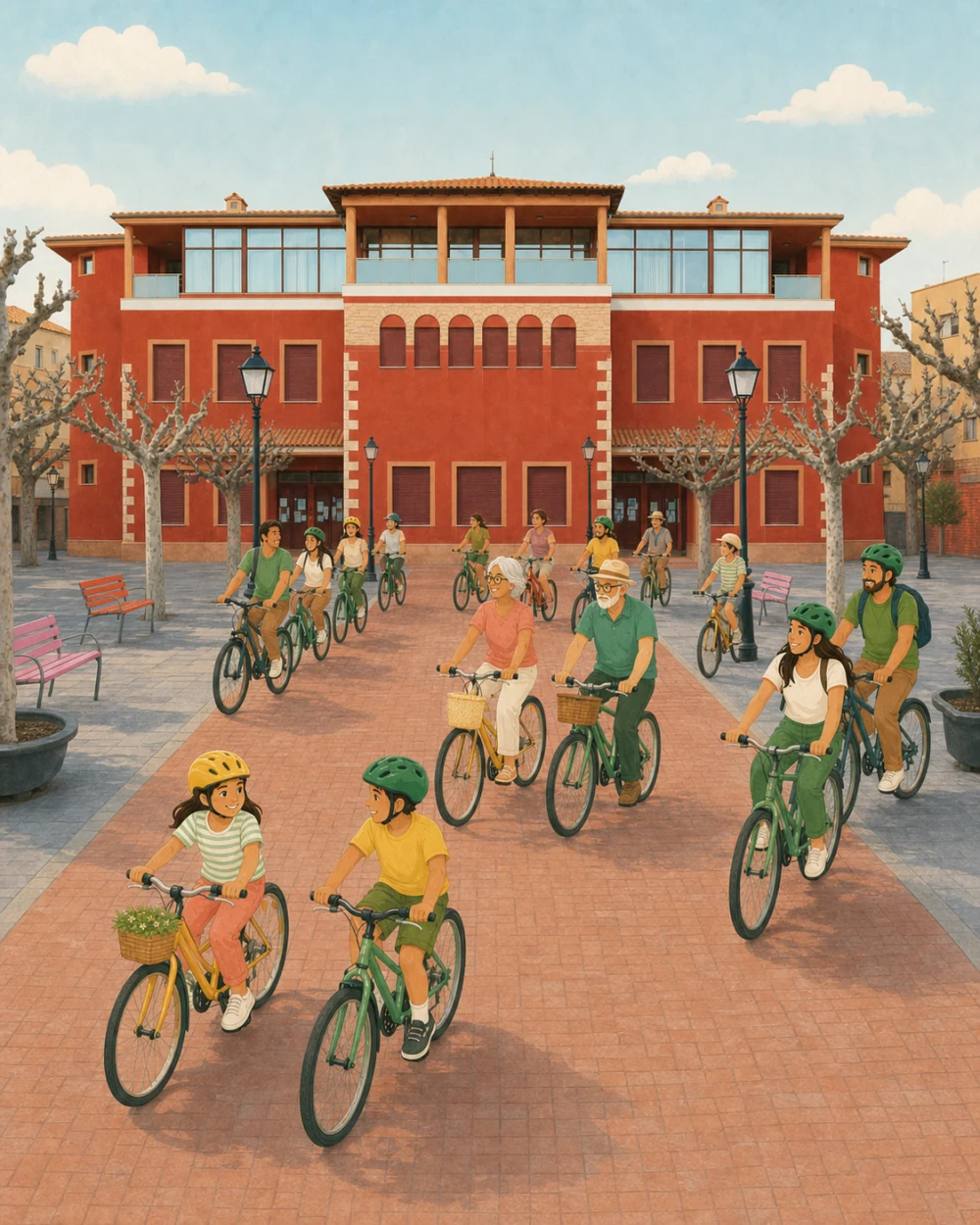 Il·lustració de famílies pedalant juntes pels carrers de Muro