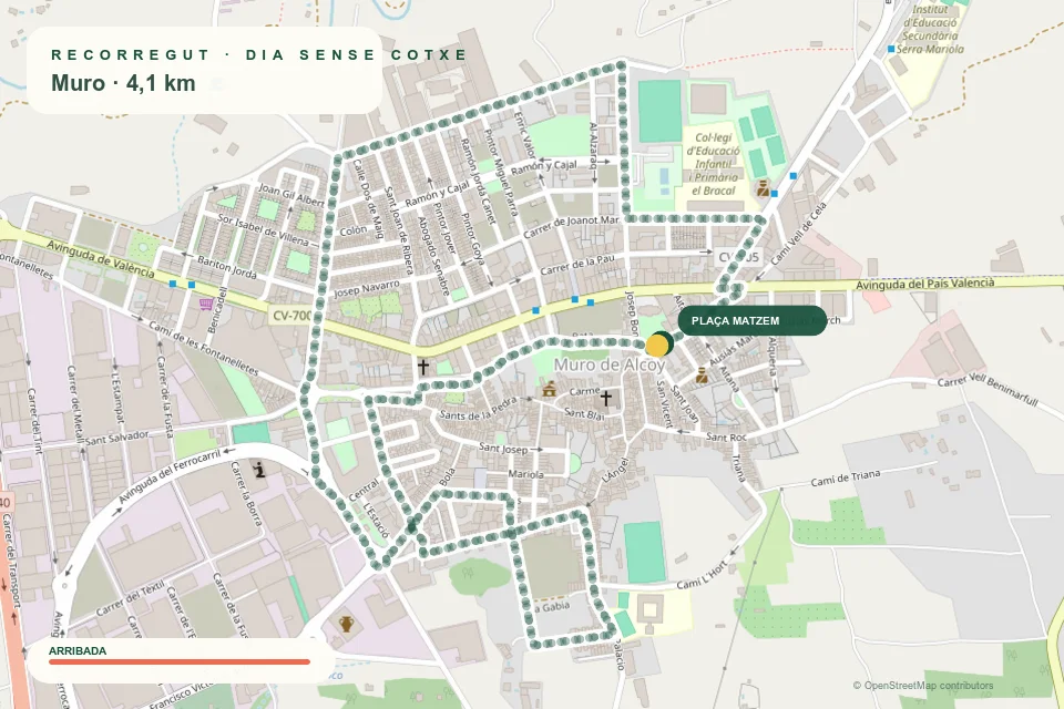 Mapa animat del recorregut circular de 4,1 quilòmetres pels carrers de Muro, amb eixida i arribada a la Plaça Matzem