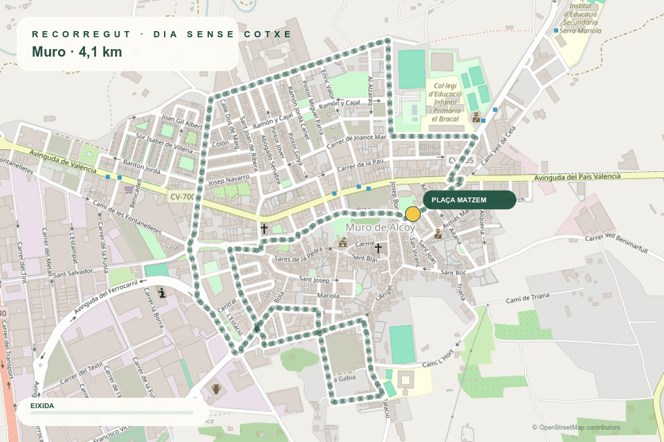 Mapa animat del recorregut circular de 4,1 quilòmetres pels carrers de Muro, amb eixida i arribada a la Plaça Matzem